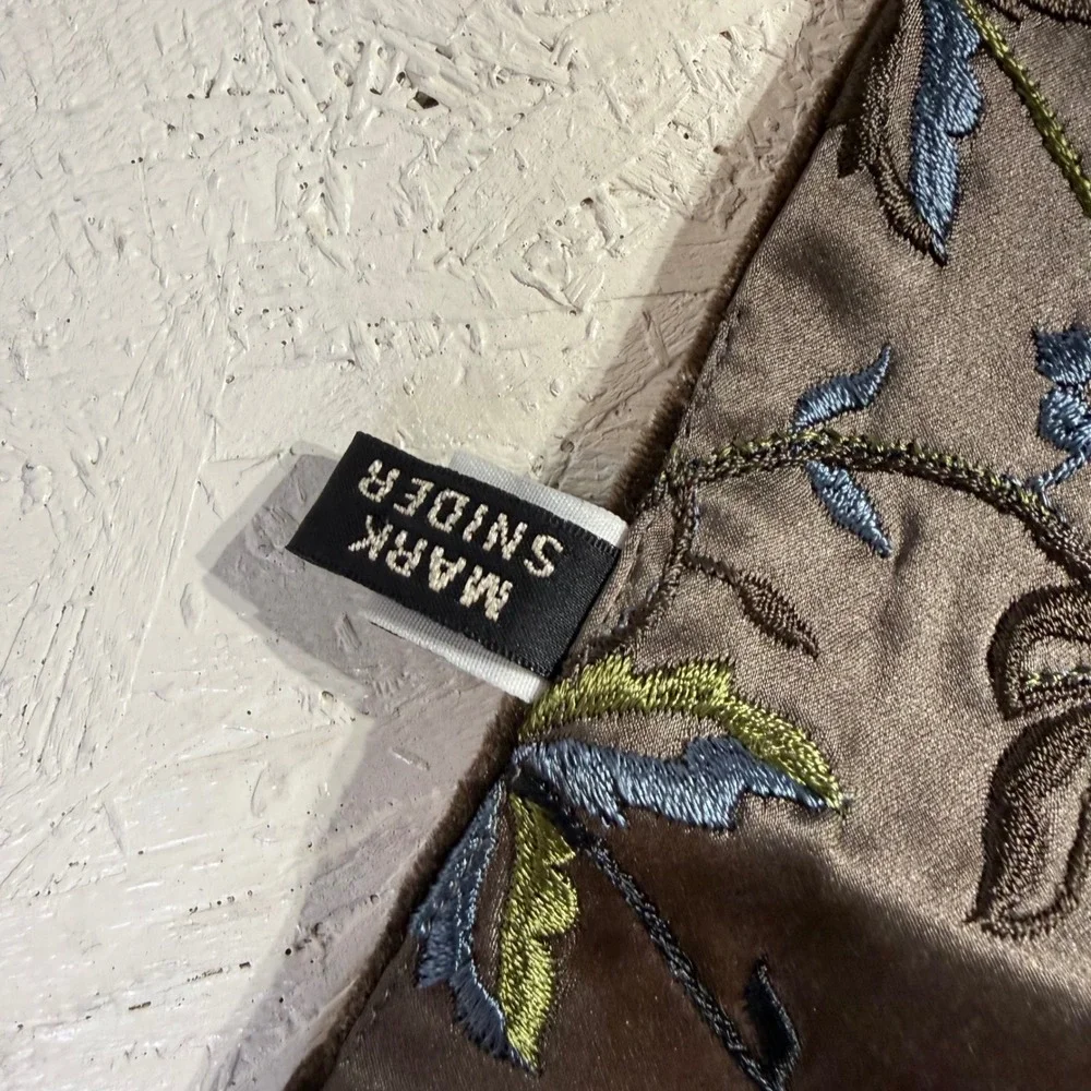 Vintage Mark Snider Silk Velvet Scarf Brown Embroidered Floral 53in